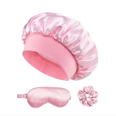 Solid Color Reusable Shower Cap Set, 3 Counts/set Including Shower Cap, Hair Ring and Eye Mask, Soft Comfortable Sleep Mask f...