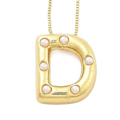 Brass & Plastic Pearl Letter Pendant Box Chain Necklaces for Women