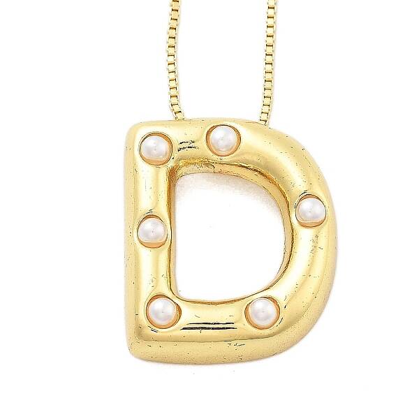 Brass & Plastic Pearl Letter Pendant Box Chain Necklaces for Women