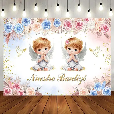 Nuestro Bautizo Angel Flowers Birds Baptism Backdrop - Aperturee