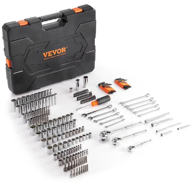 VEVOR Mechanics Tool Set and Socket Set, 1/4 3/8 1/2 Drive Deep and Standard Sockets, 205 Pcs SAE and Metric Mechanic T...