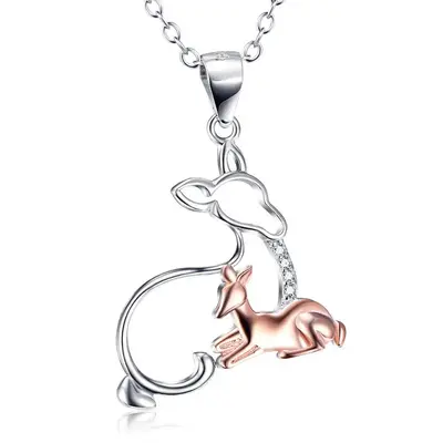 Sterling Silver Two-tone Cubic Zirconia Giraffe & Mother & Daughter Pendant Necklace