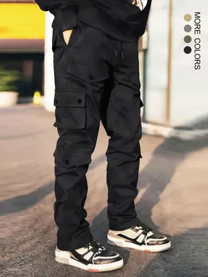 Unisex Men's Plain Drawstring Button Flap Pocket Cargo Pants, Regular Fit Street Fashion Casual Elastic Waist Straight Leg T...
