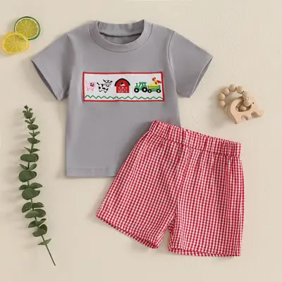 Toddler Baby Boy Girl Summer T Shirt Shorts Outfits Farm Short Sleeve Tee Tops + Plaid Casual Shorts Set