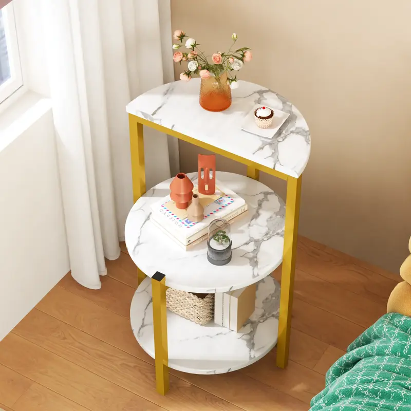 Recaceik Modern Faux Marble Coffee Table Set of 2 - 16 Inch Nightstand Bedside Table with X-Based Metal Frame for Bedroom Liv...