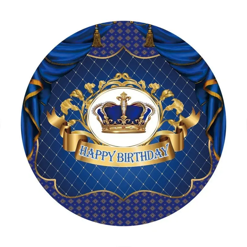 Aperturee Navy And Gold Crown Circle Happy Birthday Backdrop | Round Backdrop | Round Birthday Backdrop | Happy Birthday Roun...