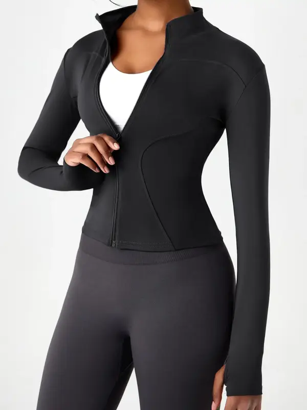 Women's Solid Zip Up Skinny Sports Jacket, Pickleball & Tennis Clothes, Comfortable Long Sleeve Mock Neck Sports Outerwear, L...