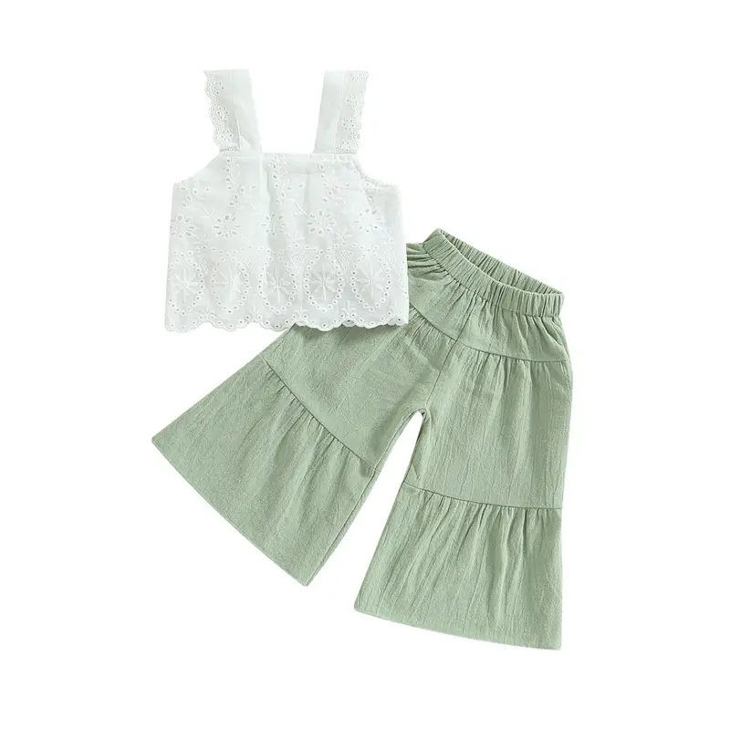 Kids Baby Girls Summer Outfit 18 Months-6 Years Solid Color Sleeveless Lace Tank Tops and Elastic Casual Wide Leg Pants Set