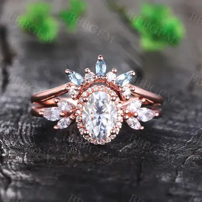 Vintage Oval Cut Moissanite Engagement Ring Set Blue Topaz Wedding Ring