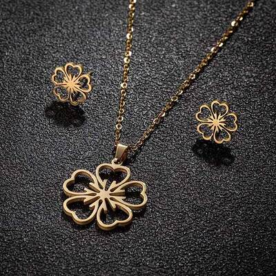 Stainless Steel Flower Stud Earrings & Pendant Necklaces Sets for Women