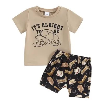 Toddler Boy Western Shorts Set  3M-3Y T Letter Print Short Sleeve T-Shirt with Hat&Boot Pattern Shorts 2Pcs Outfit Casual