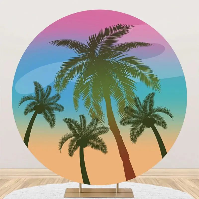Palm Trees Rainbow Sky Hawaii Beach Round Backdrop