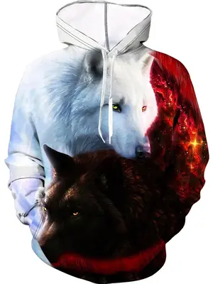 Essentials Hoodie Unisex Men's Wolf Print Drawstring Hoodie, Regular Fit Casual Long Sleeves Pocket Hooded Sweatshirt for Sp...