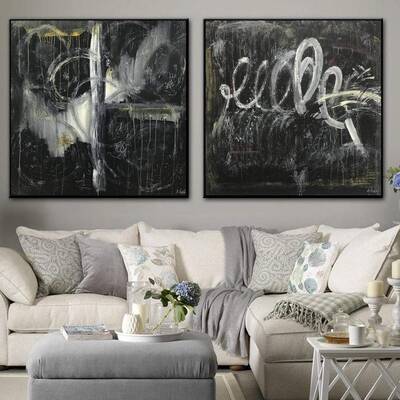 Large Abstract Oil Paintings Canvas Set of 2 Wall Art Black And White Wall Art Diptych Artwork Contemporary Art Dark Painting...