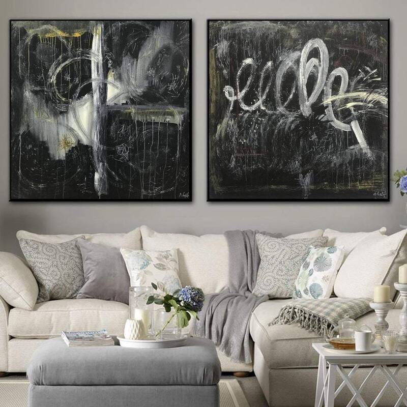 Large Abstract Oil Paintings Canvas Set of 2 Wall Art Black And White Wall Art Diptych Artwork Contemporary Art Dark Painting...
