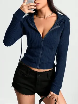 Women's Plain Textured Drawstring Zip Up Hoodie, Casual Raglan Sleeve Skinny Hooded Sweatshirt for Fall & Winter, Women's Clo...