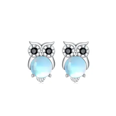 Sterling Silver Moonstone Owl Stud Earrings
