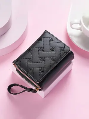 Women's Fashionable Quilted Heart Embroidered Design Short Wallet, Simple Design Pu Leather Zipper Trifold Wallet for Daily U...