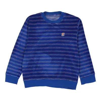 1970's Unbranded Striped Velour Sweatshirt - Medium Blue Polyester Blend
