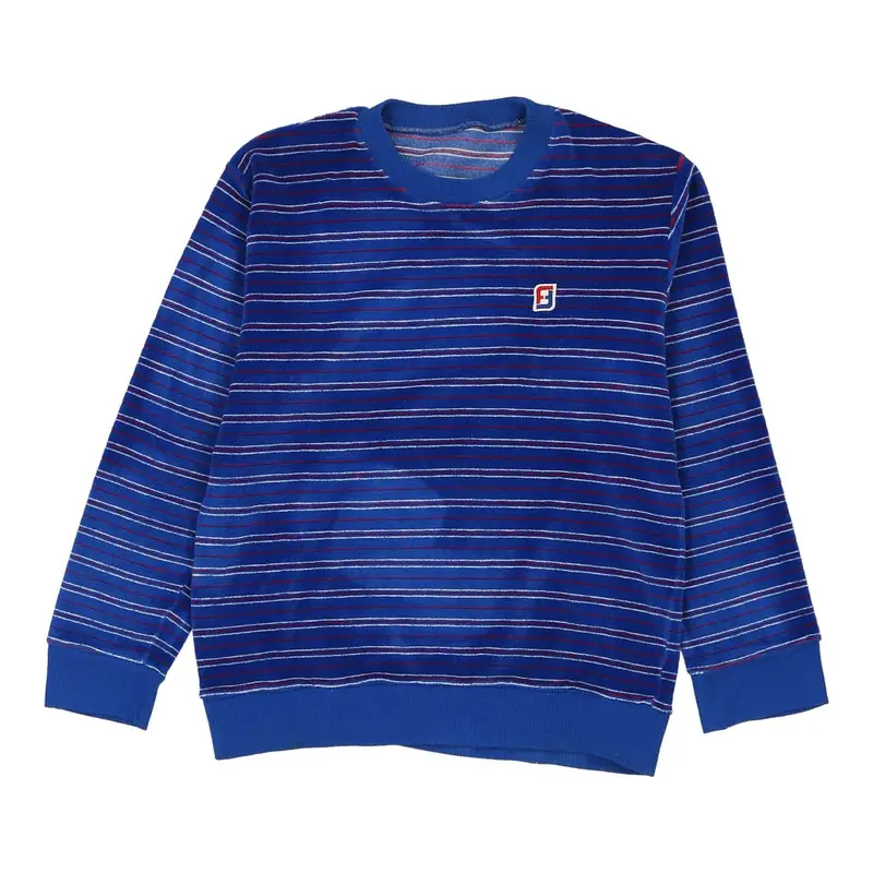 1970's Unbranded Striped Velour Sweatshirt - Medium Blue Polyester Blend