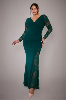Goddiva Plus Scuba & Lace Wrap Maxi Dress - Emerald
