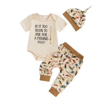Newborn Baby Boy Summer Clothes Letter Print Short Sleeve Romper with Fish Pattern Pants and Hat 3 Pcs Set