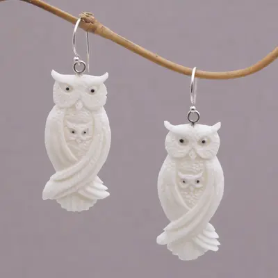 NOVICA Owl Bond Mother and Child Silver & Bone Dangle Earrings