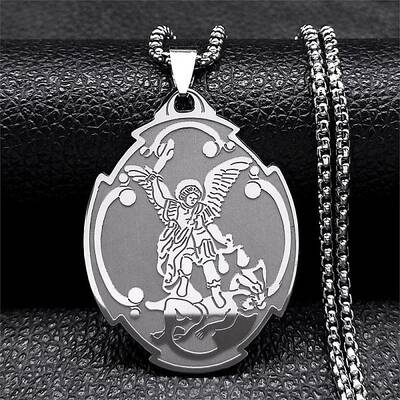 304 Stainless Steel Saint Saint Michael The Archangel Pendant Necklaces for Women