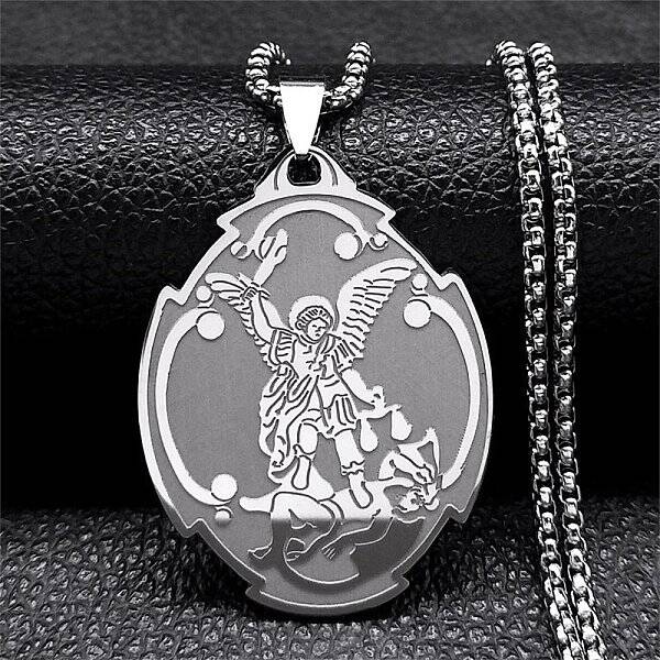 304 Stainless Steel Saint Saint Michael The Archangel Pendant Necklaces for Women