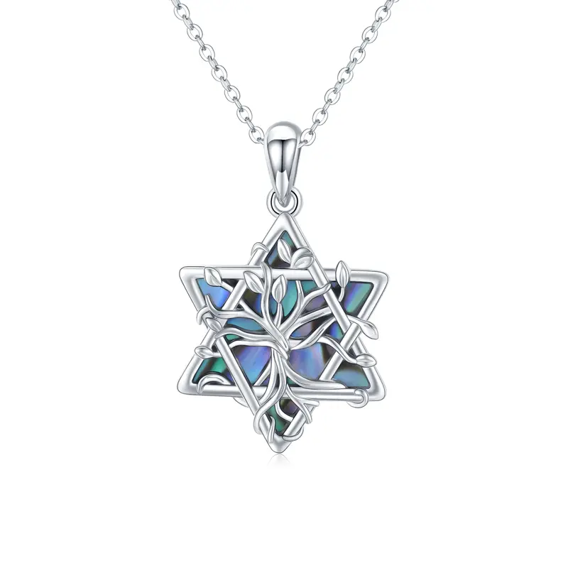 Sterling Silver Abalone Shellfish Star Of David Tree Of Life Pendant Necklace For Women
