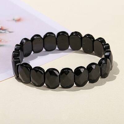Natural Obsidian Oval Bead Stretch Bracelets for Men Women