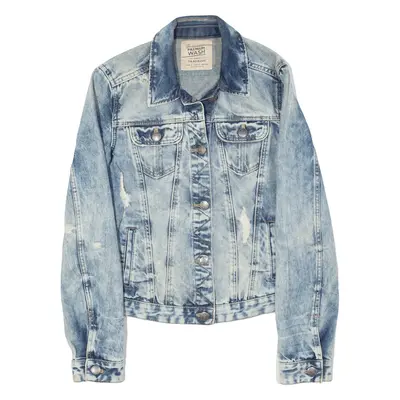 ZARA Trafaluc Premium Wash Distressed Denim Jacket Blue Womens S