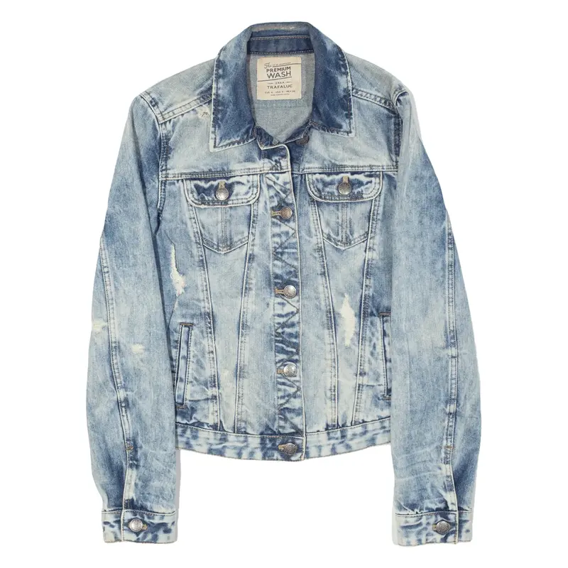 ZARA Trafaluc Premium Wash Distressed Denim Jacket Blue Womens S