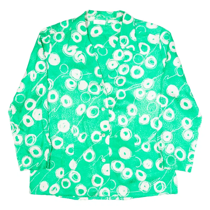Womens Printed Shirt Green Button Neck Long Sleeve Crazy Pattern M