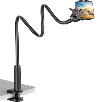 Long Neck Phone Holder – 360° Rotating Flexible Gooseneck for Desktop and Bedside, Reinforced Base, Soft Silicone Clip Fit...
