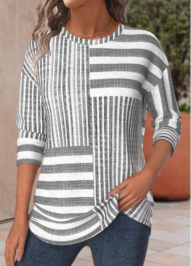 Modlily Light Grey Marl Striped Long Sleeve T Shirt - L