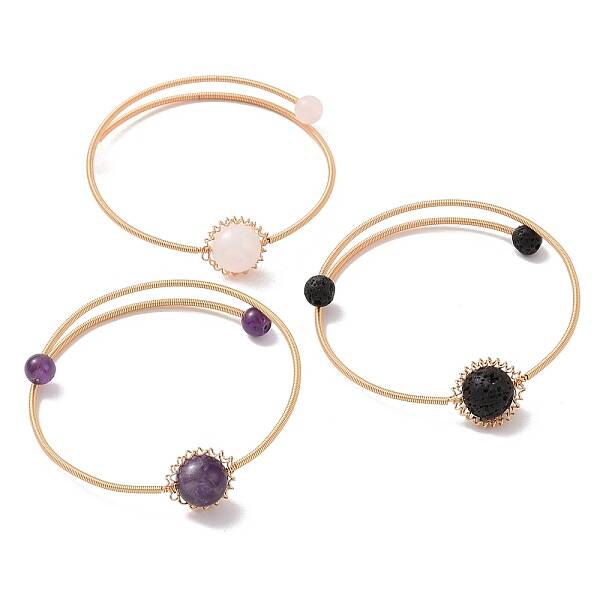Natural Mixed Gemstone Round Beaded Cuff Bangle