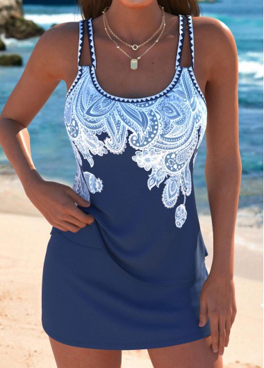 Modlily Mid Waisted Tribal Print Dark Blue Tankini Set - L