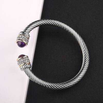 Adjustable C-shaped Stainless Steel Twist Open Cuff Bracelets with Natural Amethyst