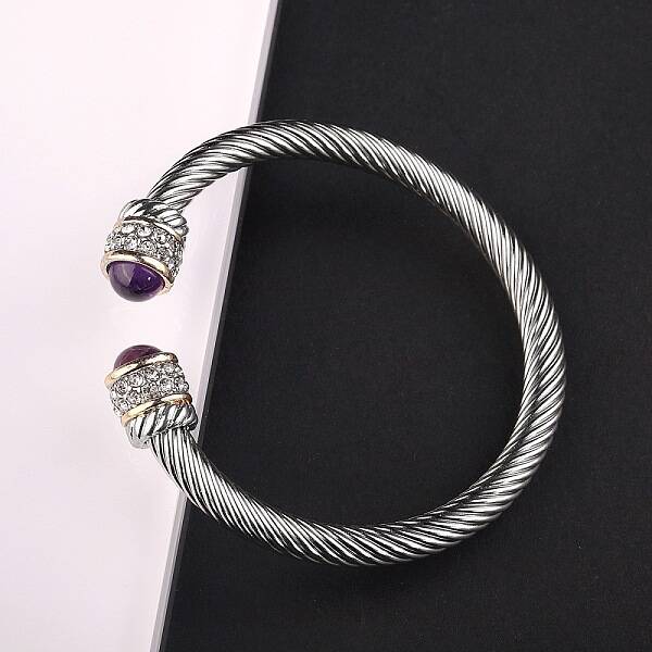 Adjustable C-shaped Stainless Steel Twist Open Cuff Bracelets with Natural Amethyst