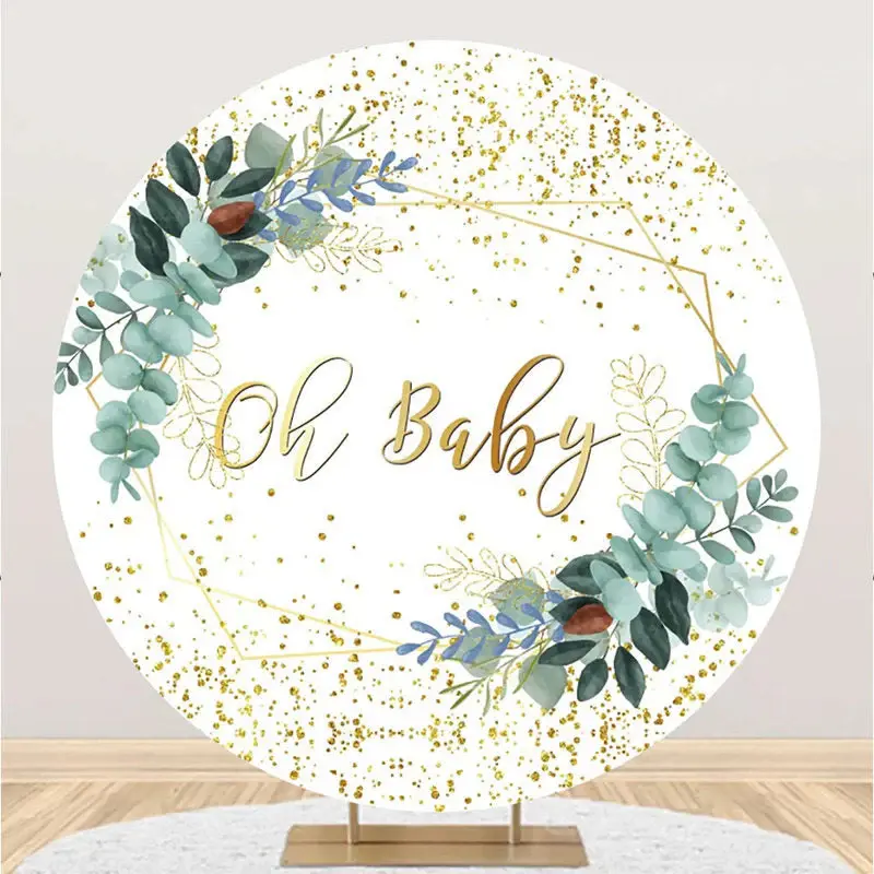 Round White Greenery Oh Baby Gender Reveal Backdrop - Aperturee