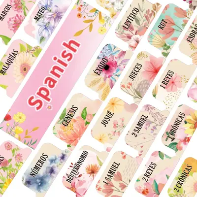Floral Pattern Bible Tabs, 75pcs/5 Sheets Spanish Scripture Laminated Tabs Set, Easy-to-read Old & New Testament Divider Sti...