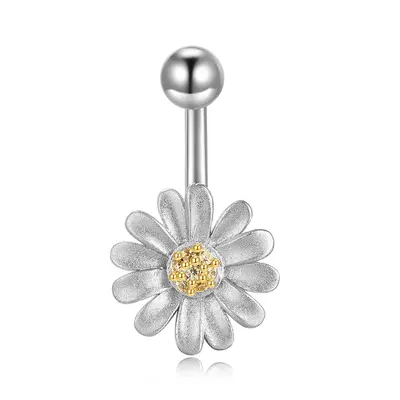 Sterling Silver Two-tone Circular Shaped Cubic Zirconia Daisy Belly Button Ring