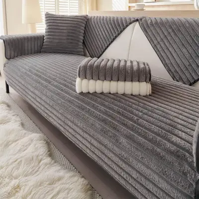 Solid Color Plush Sofa Cover, 1 Count Non-slip Sofa Seat Cushion Cover, Sofa Protector for Home Living Room Dormitory Hotel D...