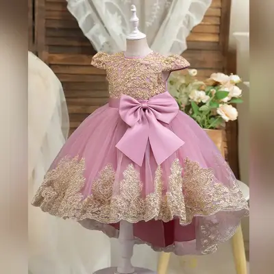 Elegant Pink Princess Dress With a Large Bow,Short Sleeves,High and Low Ruffles,Transparent Chiffon Skirt, Perfect for Birthd...