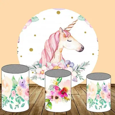 Aperturee Pink Floral And Unicorn Round Baby Shower Backdrop Kit | Baby Shower Round Backdrop | Round Backdrop Cover Diy | Ro...
