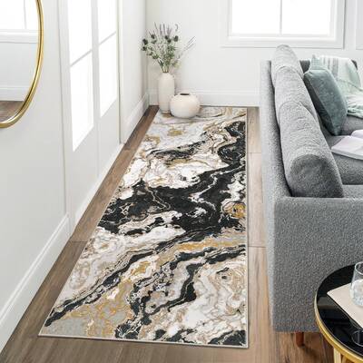 Garvee Abstract Black 2x8 Marble Runner Rug Non Slip Washable Polyester Abstract Pattern for Kitchen Hallway Bedroom Entryway