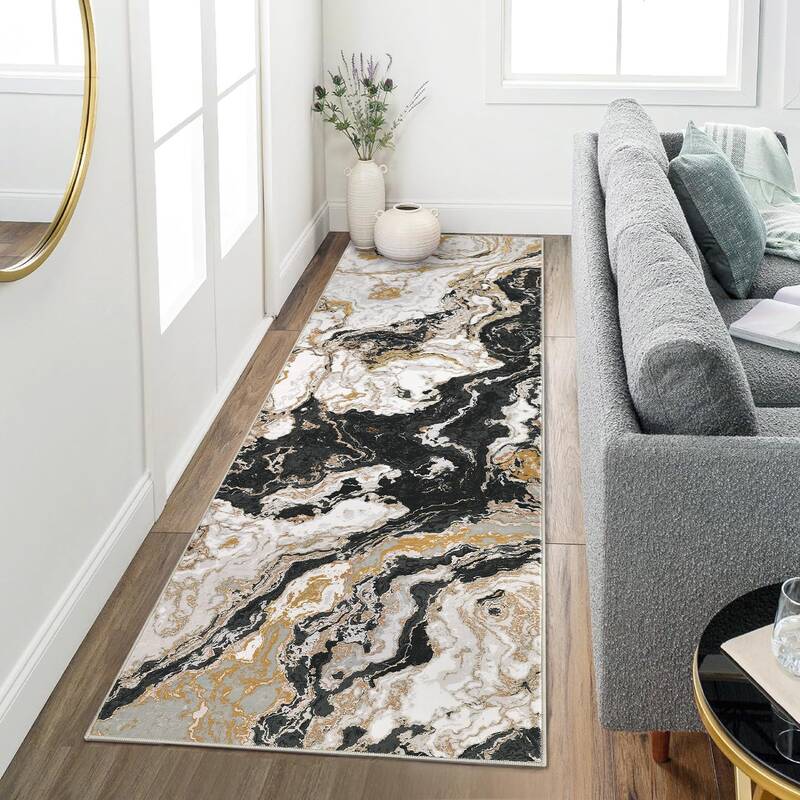 Garvee Abstract Black 2x8 Marble Runner Rug Non Slip Washable Polyester Abstract Pattern for Kitchen Hallway Bedroom Entryway