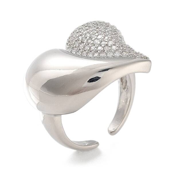 Brass Micro Pave Clear Cubic Zirconia Heart Open Cuff Ring for Women