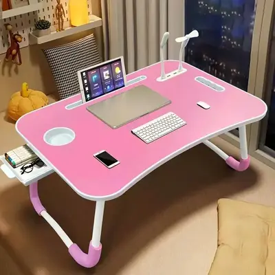 Laptop Bed Desk, Folding Lap Desk with 4 USB Ports, Wind Fan, LED Light, Cup Holder and Side Drawer for Working, Reading, Wri...